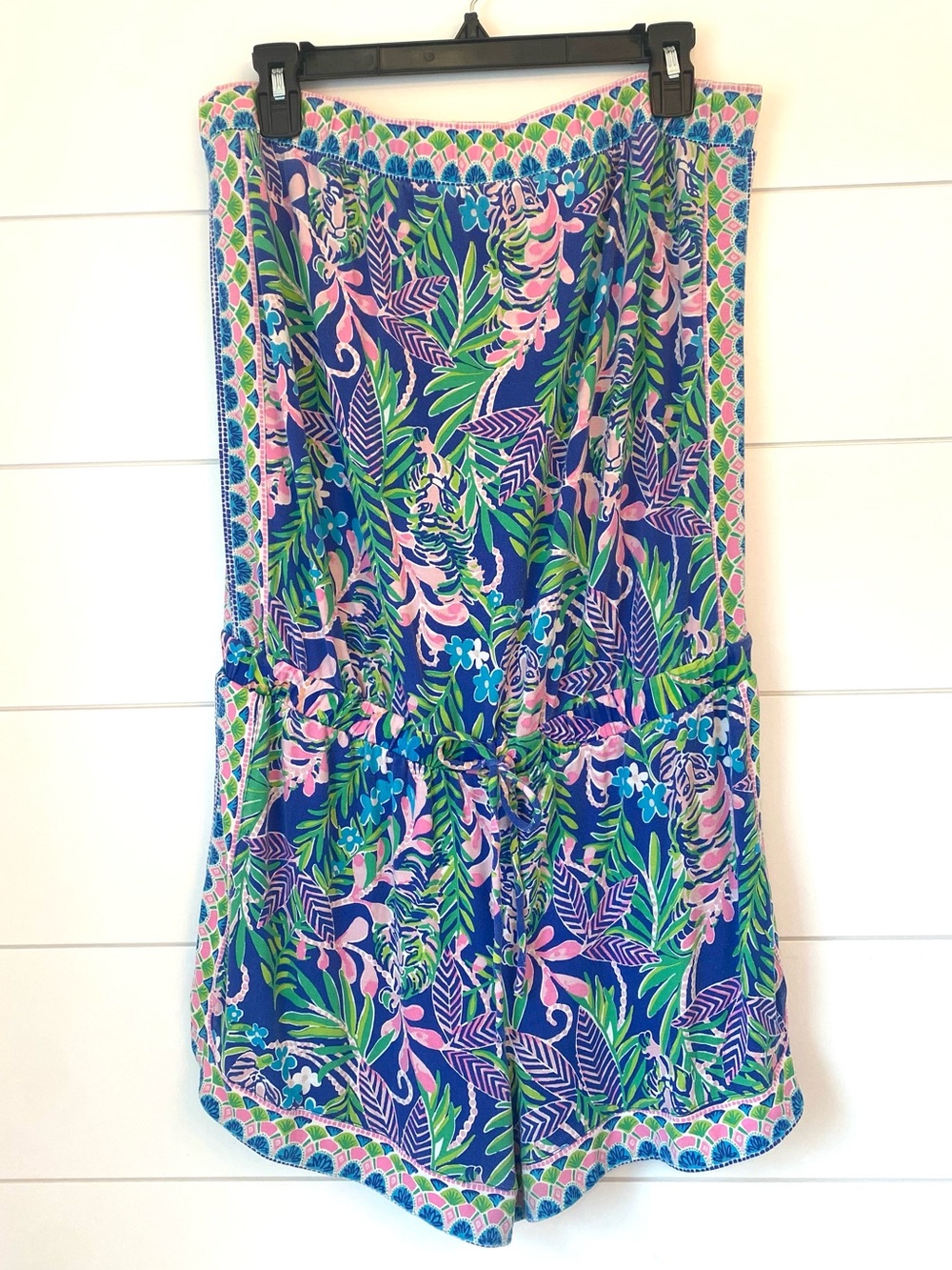 Lilly Pulitzer Blue Tropical Strapless Romper with Pink & Green Print (large)